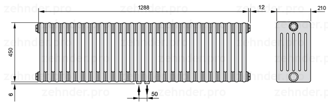 Схема (чертеж) Радиатор Zehnder Charleston 6045/28 №3470 Белый глянцевый RAL 9016